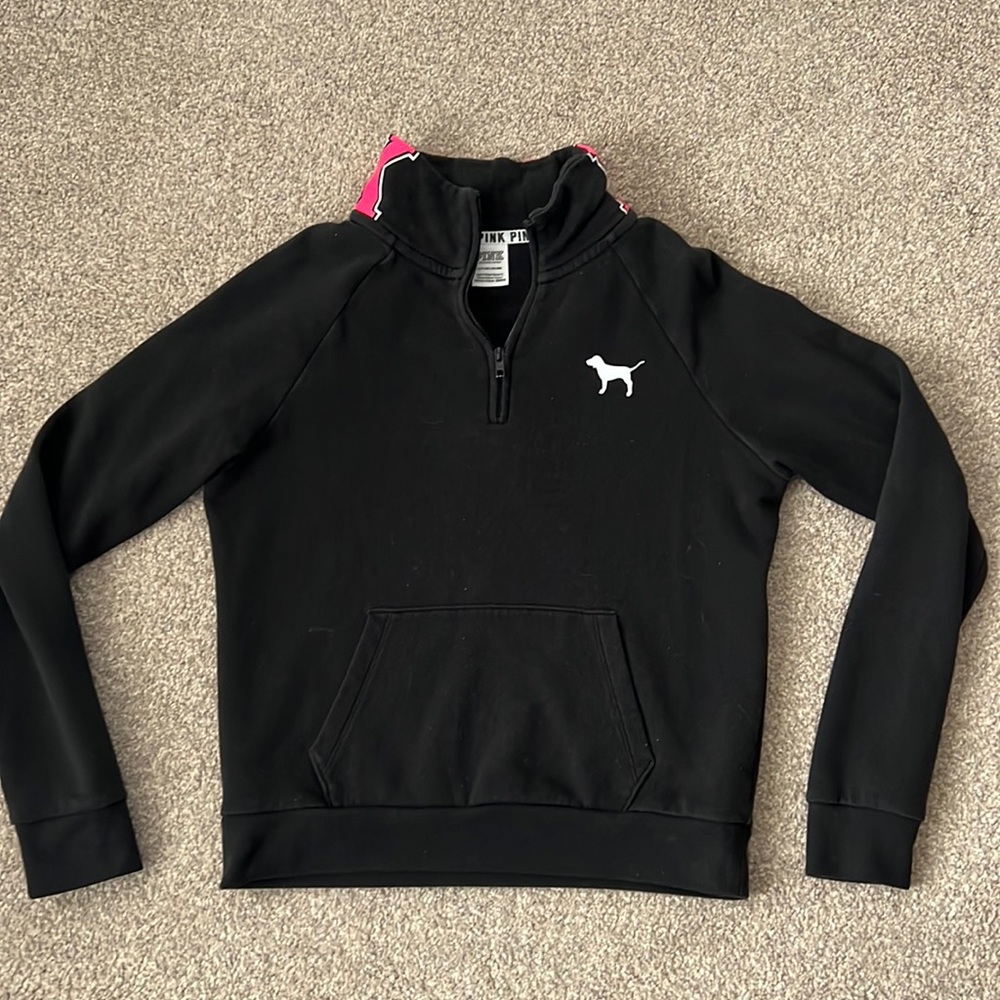 PINK by VS black 1/4 zip pullover collared logo sweatshirt front pocket sz s